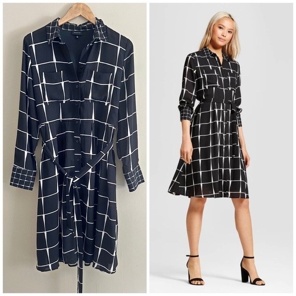 WHO WHAT WEAR black grid check print button shirt dress with pockets & belt - Picture 1 of 8